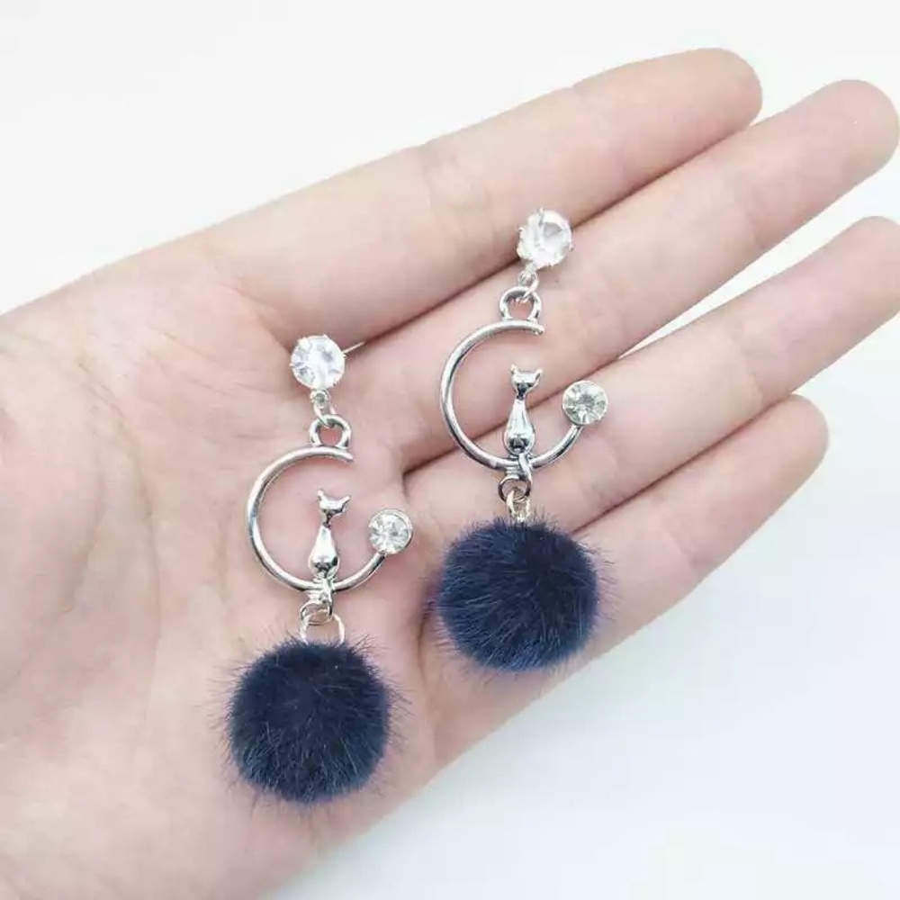 Cute Blue Pom Pom Drop Kitty Cat Earrings